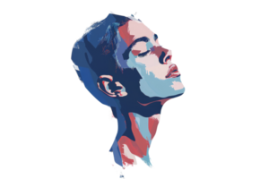 The illustration shows a man's face in profile with his eyes closed. The man's face is depicted in a colorful, abstract style. png