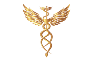 golden caduceus, which is a winged staff with two snakes entwined around it. It is often used as a symbol of medicine and healthcare. png