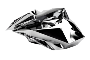 3D rendering of a shiny, silver, geometric shape, with many facets, edges and angles. It is on a black background, and lit from the top left. png