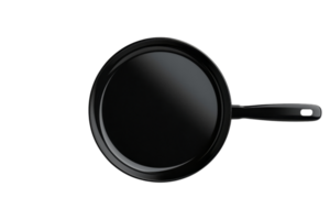 Top view of a black frying pan with a handle against a transparent background. perfect for kitchen, cooking, or culinary-related projects. png