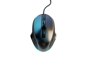 Top view of a modern wired computer mouse with blue lighting, isolated on a black background. Perfect for technology and gaming themes. png