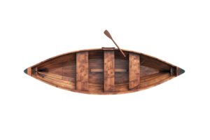 Top view of a handcrafted wooden rowboat with an oar, capturing the essence of nautical craftsmanship. png