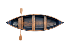 Top view of a wooden rowboat with a single paddle on a transparent background. Ideal for outdoor and nautical themes. png