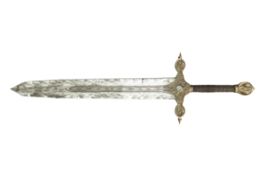 Vintage medieval sword with intricate design on the hilt and a weathered blade on a transparent background. ideal for historical or fantasy themed projects. png