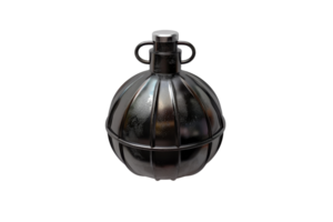 Vintage metal grenade-shaped object with spherical design and handle. Unique antique collectible item. Isolated on transparent background. png