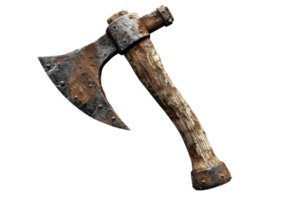 Rusted, weathered axe with a wooden handle, isolated on a transparent background. Perfect for themes of history, survival, and rugged tools. png