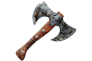 Rustic double-headed axe with a wooden handle, commonly used as a medieval weapon or tool. Ideal for historical reenactments or fantasy themes. png