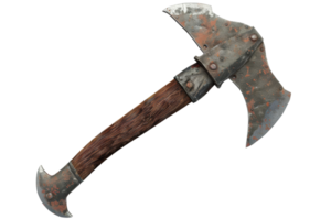 Rustic medieval double-headed axe with worn wooden handle and metal blade, isolated on transparent background. ideal for historical and fantasy themes. png