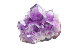 Stunning purple amethyst crystal cluster showing sharp, angular formations, isolated on a transparent background. png