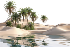 Serene desert oasis with palm trees reflecting in calm water, surrounded by sand dunes and clear sky, creating a tranquil natural scene. png