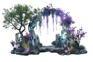 Magical forest portal with glowing lights, surrounded by mystical trees and plants, creating an enchanting, fairy-tale atmosphere. png