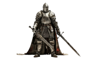Medieval knight in full armor with sword and shield, standing ready for battle with a background of myth and history. png