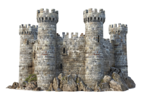 Medieval stone castle with multiple watchtowers, isolated on a transparent background. Ideal for historical, architectural, and fantasy themes. png