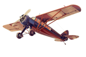 vintage airplane with a single propeller. It has red and yellow markings on its body and appears to be in flight. png