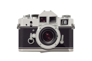 vintage camera with a brown body and a silver lens. The camera has a round viewfinder and a small flash on the top. png