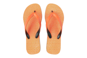 Top view of bright orange flip flops isolated on transparent background. ideal for summer vacation, beach trips, and casual wear. png