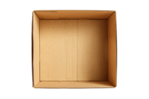 Top view of an open empty cardboard box against a transparent background. Ideal for packaging, shipping, moving, and storage concepts. png
