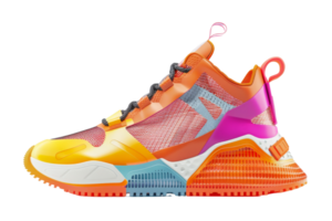 Vibrant and colorful modern athletic sneaker featuring a unique design with bright colors and geometric patterns, ideal for sports and casual wear. png