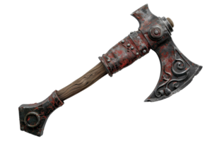 Vintage battle axe with intricate carvings, featuring a wooden handle and a detailed, weathered blade. Ideal for medieval, fantasy, or historical themes. png
