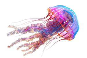 Vibrant and colorful jellyfish with luminescent tentacles floating gracefully in the ocean against a transparent background. png