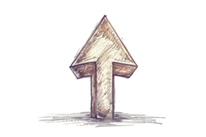 A pencil drawing of a pointy arrow with a triangle on top. The arrow is drawn in a very rough and sketchy style, giving it a somewhat whimsical and playful appearance. Scene is lighthearted and fun png