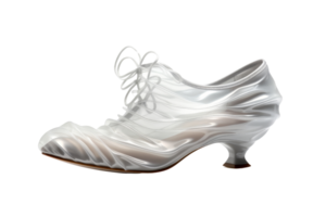A shoe with a bow on it is shown in a clear plastic case. The shoe is white and has a pointed toe png