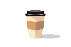 A photo of a coffee cup on a white background. The coffee cup is brown and has a black lid. png