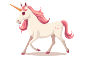 A beautiful unicorn with a pink mane and tail is walking towards you. It has a golden horn and hooves, and its eyes are a deep blue. The unicorn is surrounded by a soft, pink glow. png