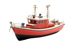 A detailed model of a small red fishing boat with various deck equipment and details, isolated on a transparent background. png