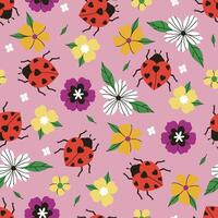 Seamless pattern with ladybugs and flowers. graphics. vector