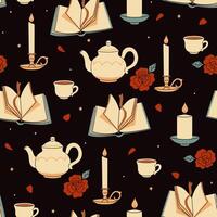 Seamless pattern of books, mugs, teapots and candles on a dark background. graphics. vector