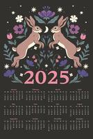 2025 calendar template with flowers and hares on dark background. graphics. vector