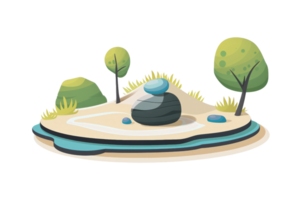 small island with a rock, some grass, and three trees. The island is surrounded by blue water. png