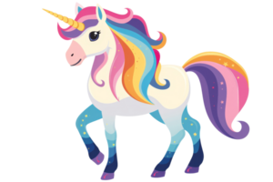 A beautiful unicorn with a rainbow mane and tail. It is standing on a white background. The unicorn is smiling and has a happy expression on its face. png