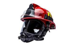 A red and yellow fire helmet with a clear visor. The helmet is designed to protect the wearer from heat and flames png