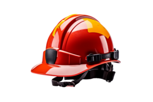A red and yellow hard hat with a black visor. The hat is designed to protect the wearer from falling objects and other hazards png