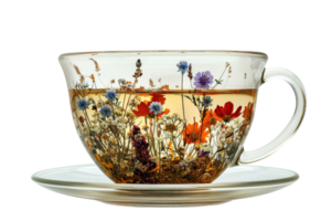 A cup of tea with flowers in it sits on a saucer. The flowers are in various colors and are scattered throughout the cup. The cup and saucer are both clear, allowing the tea png