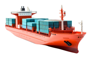 A large red ship with many containers on it. The ship is the size of a small city png