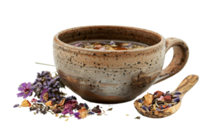A mug of tea with flowers and a spoon next to it. The mug is brown and has a floral design png