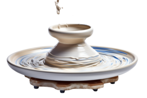 A white and blue plate with a white and blue swirl on it. The plate is on a wooden base png
