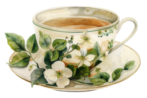 A cup with a flower design on it sits on a white plate. The cup is filled with tea and the flowers are green png