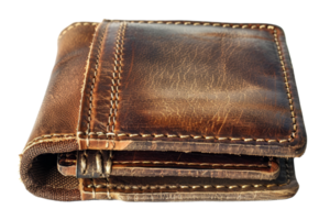 A brown leather wallet with a brown leather strap. The wallet is open and has a zipper png