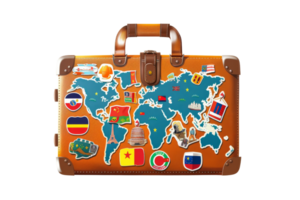 brown suitcase with stickers of different flags from around the world. The suitcase is open. png