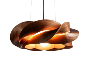 A wooden lamp with a spiral design. The light is on and the lamp is hanging from the ceiling png
