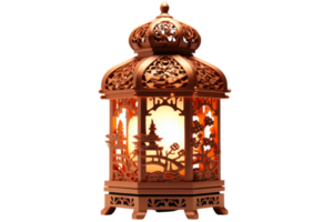 A lantern with a gold and brown color and a design of a building and trees. The lantern is lit up and has a warm glow png