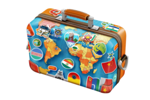 blue suitcase with stickers of different flags and landmarks from around the world png