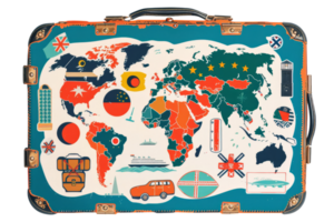 world map with various landmarks. It is in the shape of a suitcase. png