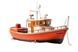 A small orange boat is sitting on the water. The boat is small and has a white stripe on the side png