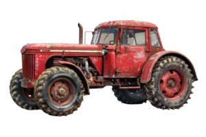 Vintage red tractor with rugged wheels isolated on transparent background. Historic farming machinery in weathered condition. png