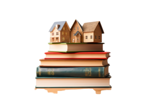 A stack of books with a house on top. The house is made of wood and is small in size. The books are of different sizes and colors, and they are stacked on top of each other png